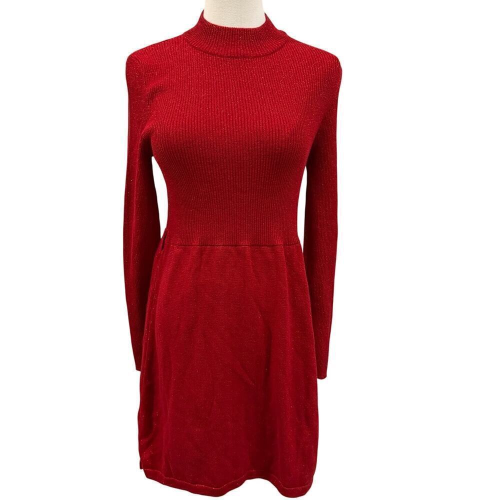 Free People Red Metallic Knit Long Sleeve Sweater Dress Small Holiday Cocktail
